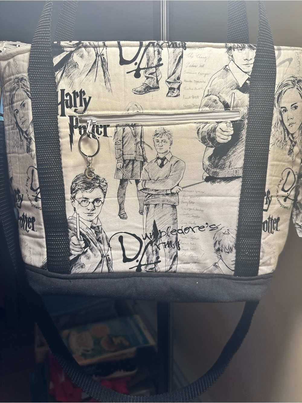 Black and white Harry Potter Cotton Tote Bag with Black Straps